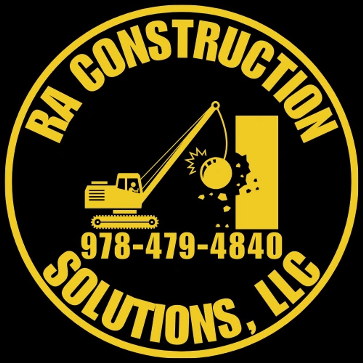 Logo for RA Construction Solutions showing a wrecking ball demolishing a wall.