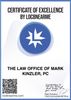 Certificate of Excellence awarded to the Law Office of Mark Kinzler