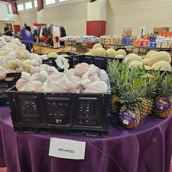Fresh produce and pantry items for families at a Feed My People food distribution.