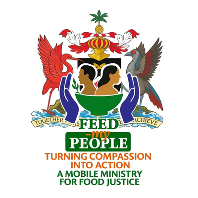 Logo featuring two hands holding a bowl with two profiles and birds, promoting food justice.