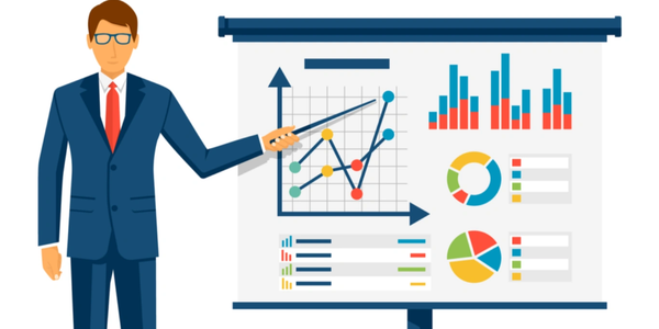 Businessman presenting various charts and graphs.