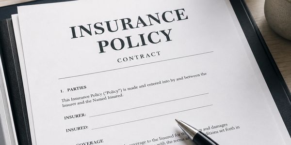 Close-up of an insurance policy contract with a pen and glasses on a desk.