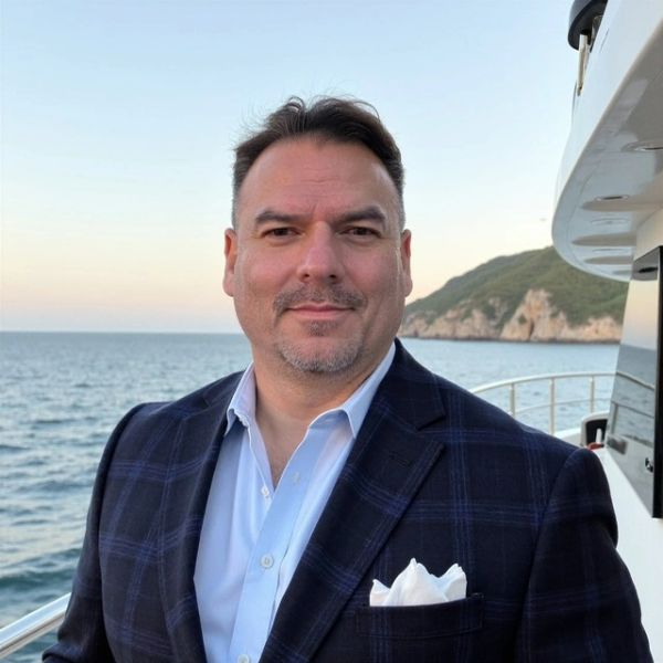 Man in a blue suit on a boat with sea and cliffs in the background.