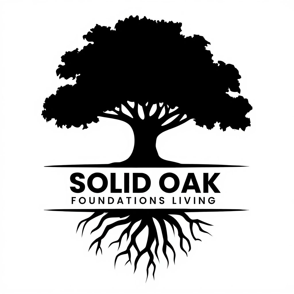 Black oak tree with roots and text 'Solid Oak Foundations Living' logo.