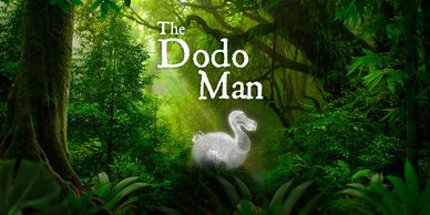The Dodo Man title in a lush green jungle with a glowing dodo bird illustration.