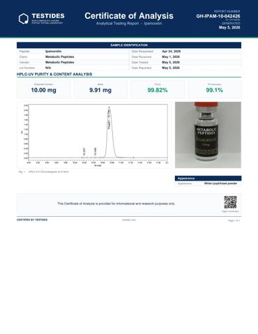 Certificate of Analysis for Ipamorelin showing purity and content results.