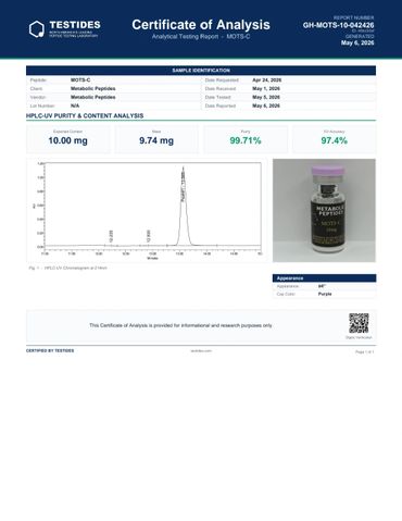 Certificate of Analysis for MOTS-C peptide with purity and content details.