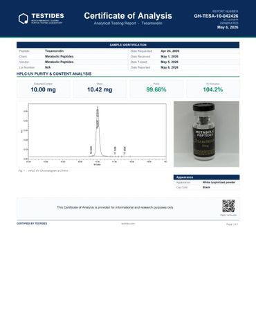 Certificate of Analysis for Tesamorelin with purity details and chromatogram.