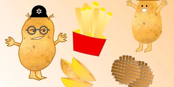 Illustrated cover of "Brown Potatoes" featuring animated potato characters and various potato dishes.
