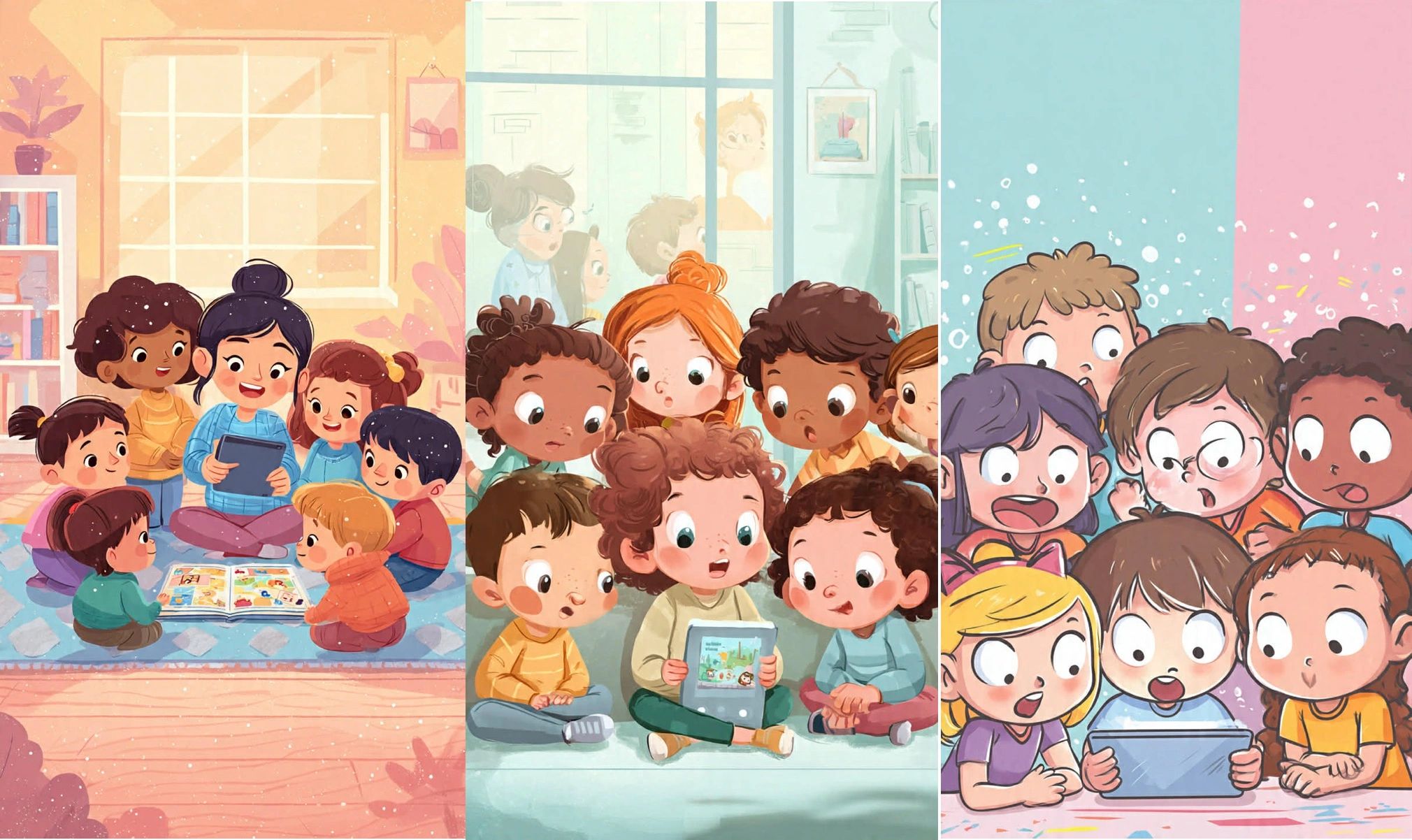 Children gathered around adults, captivated by books and tablets in colorful rooms.