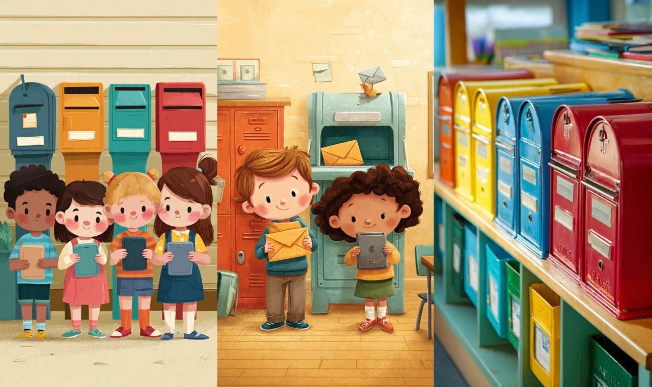 Children holding tablets and envelopes near colorful mailboxes.