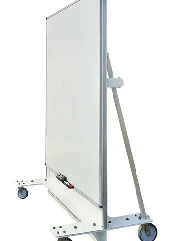 Mobile whiteboard on wheels with a stand, perfect for classrooms or presentations.