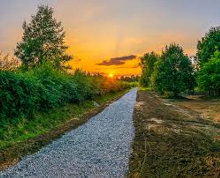 Gravel-filled footpath with greenery on either side, and a brilliant sunset in the background