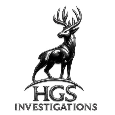 Metallic stag logo with HGS Investigations text beneath it.