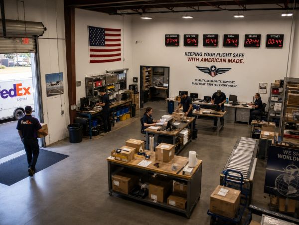FedEx worker carrying a package inside a warehouse with an American flag.
