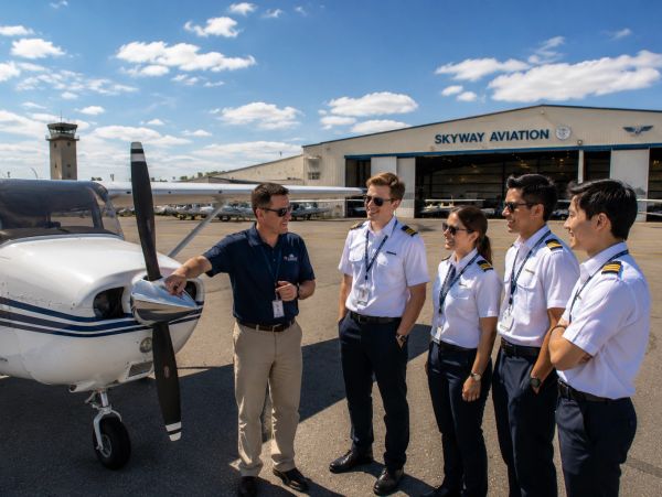 An instructor teaching four aviation students by a small aircraft.