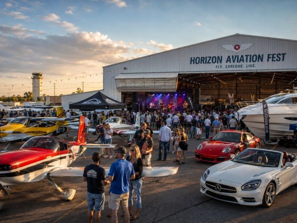 Crowd enjoying Horizon Aviation Fest by planes, cars, and live music.