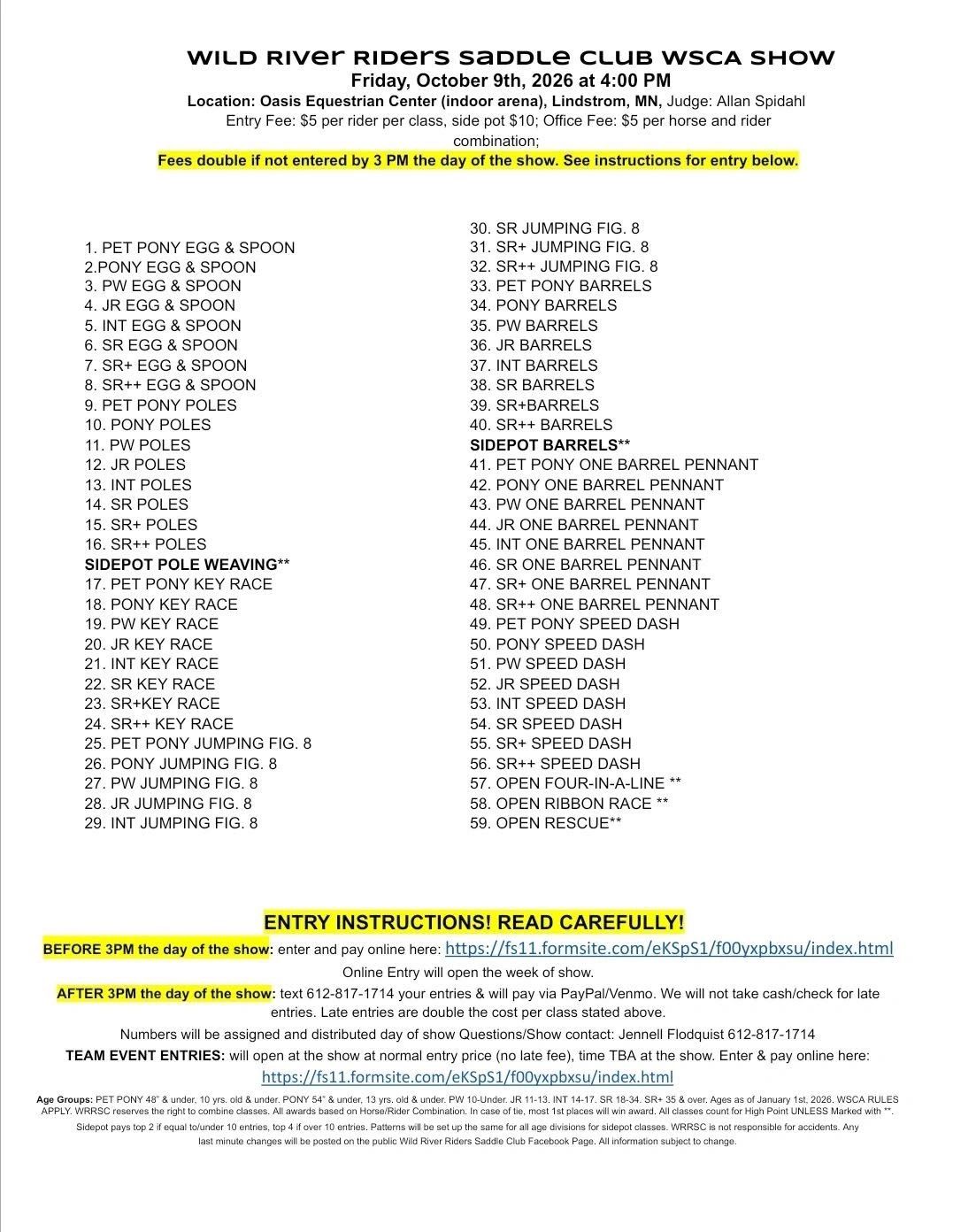 Wild River Riders Saddle Club WSCA show event details and entry instructions for October 9, 2026.