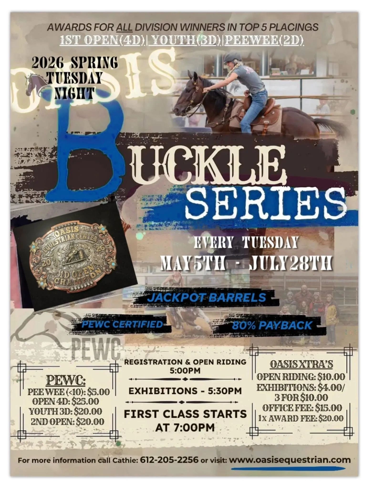Poster for 2026 Spring Tuesday Night Buckle Series horse riding event.