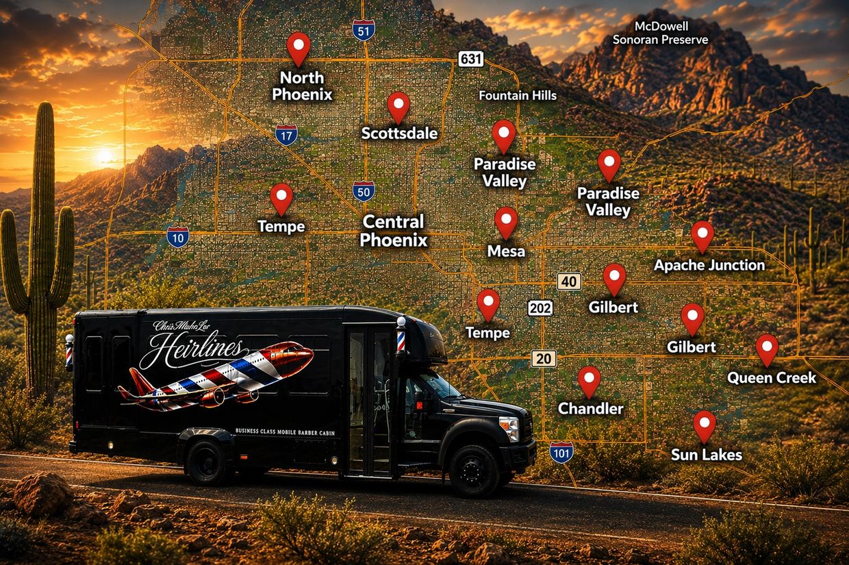 Black mobile barber cabin against a Phoenix map sunset background.