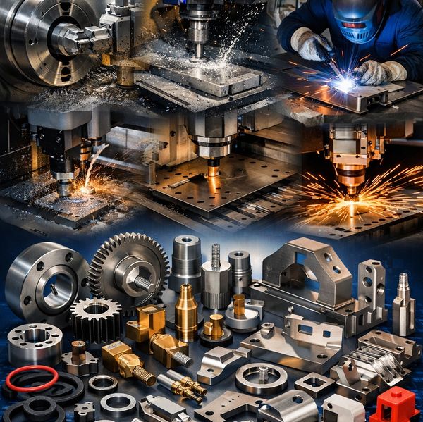 Various metal parts and machining processes collage.