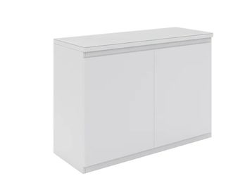 Modern white storage cabinet with two doors and clean lines.
