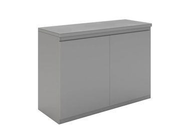 Simple gray two-door cabinet with a flat top.