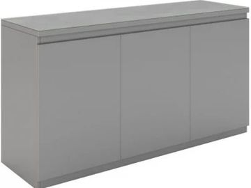 Gray three-door cabinet with a flat top surface.
