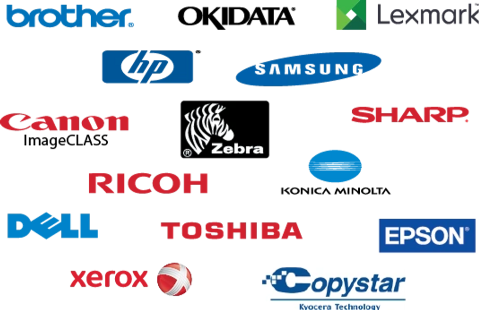 Brother, Okidata, Lexmark, HP, Samsung, Canon, Zebra, Konica Minolta, Epson, Sharp, Ricoh, Xerox