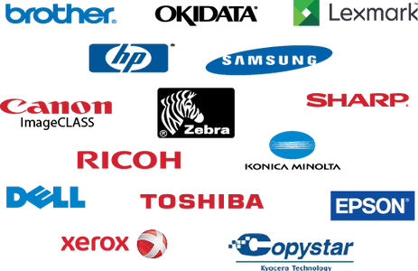 Brands including Brother, Okidata, Lexmark, HP, Samsung, Canon, Zebra, Sharp, Ricoh, Konica Minolta,