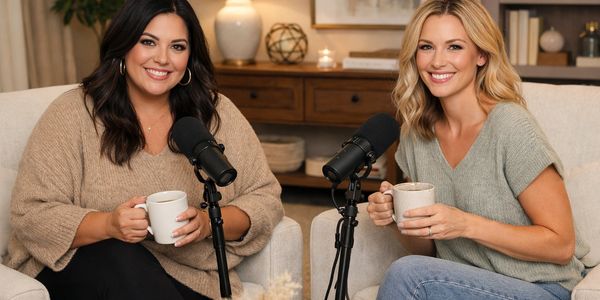 Two women smiling with coffee mugs and microphones in a cozy podcast setup.