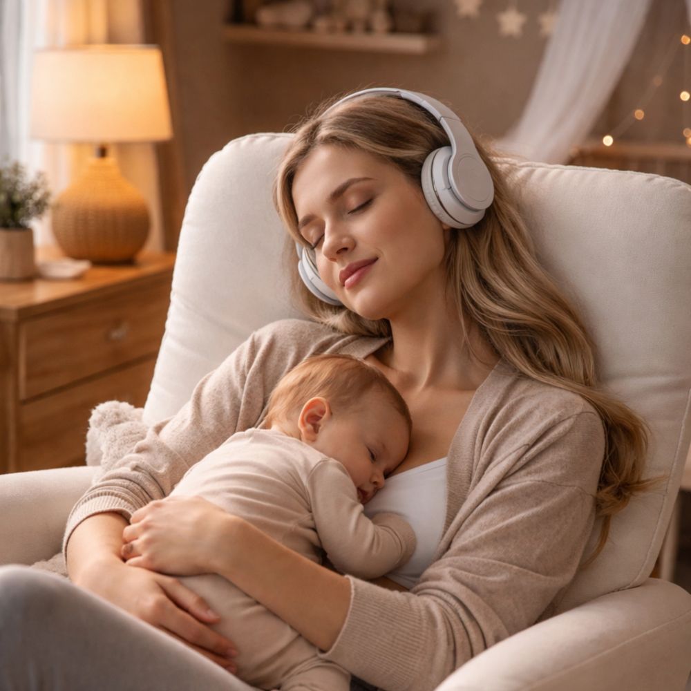 A peaceful mother listens to music while holding her sleeping baby.