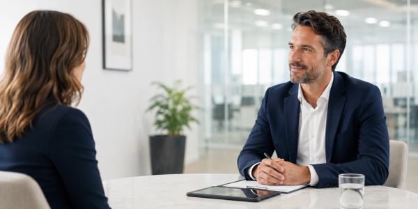 Man and woman engaged in a business meeting.