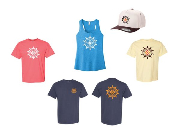 Collection of colorful T-shirts, tank top, and a cap with SS Tiki Tours logo.