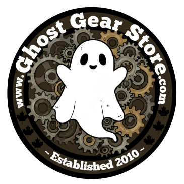 Logo featuring a cute ghost and mechanical gears.