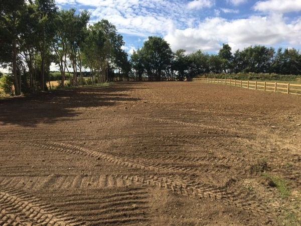 A large back garden turned from a building site into a seed bed ready to be sown with grass
