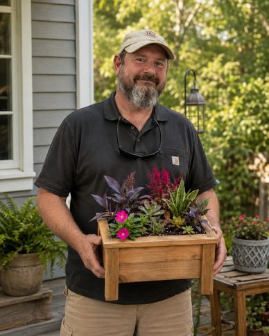 Man holding a wooden planter box filled with colorful plants outdoors.