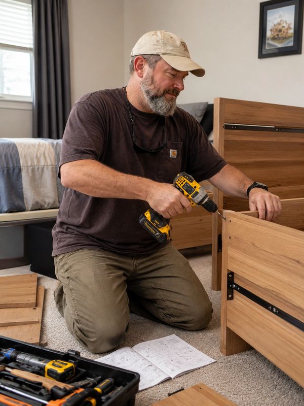 Man assembling wooden furniture using a drill in a cozy bedroom.