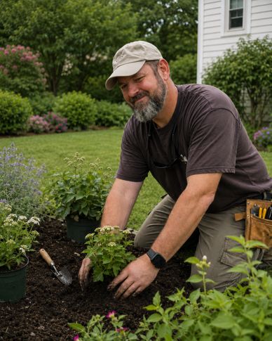 A man planting flowers in a garden, smiling warmly.