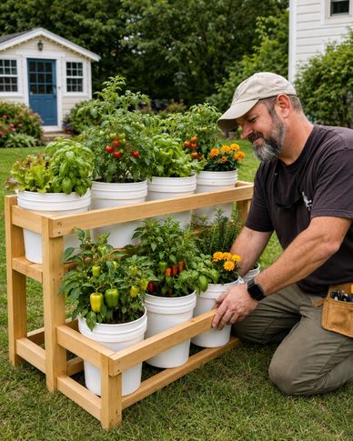 Man tending to a wooden plant stand with potted vegetables and flowers in a garden.