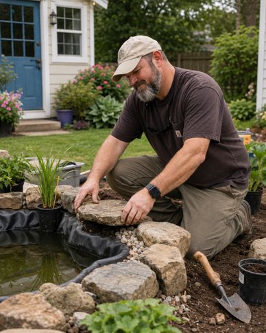 Man building a garden pond with stones and plants.