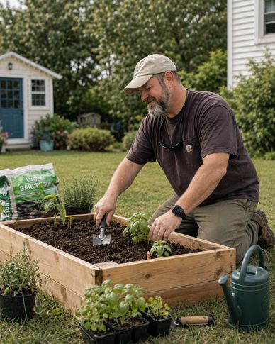 Man gardening in a wooden raised garden bed outdoors.