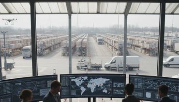 Team monitors logistics operations with multiple screens in a control room overlooking a busy warehouse yard.