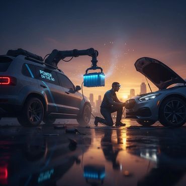 A man uses a robotic arm from an SUV to replace a car battery at sunset.