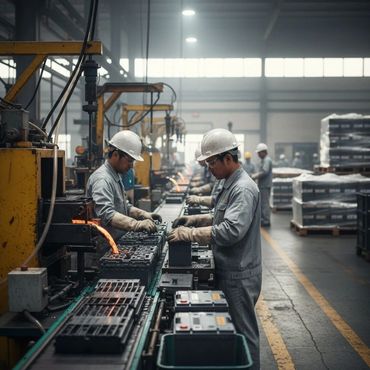 Workers in protective gear operate machinery in an industrial factory.