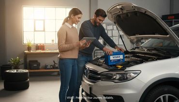 Couple installing a VIVAT car battery in a white vehicle indoors.