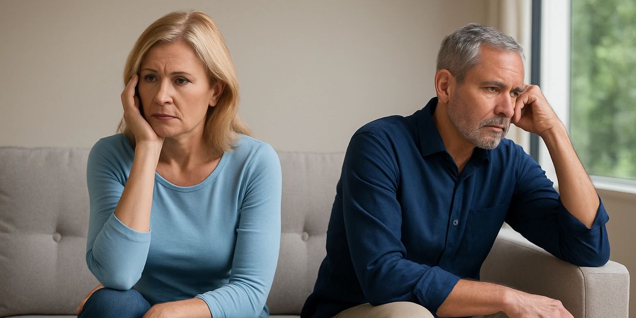 A middle-aged couple sitting apart, both looking upset and thoughtful.
