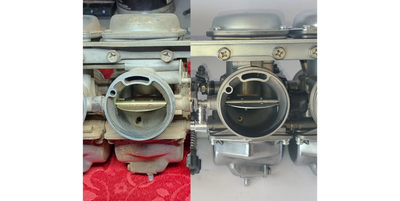 Side-by-side comparison of a dirty and clean carburetor throttle body.