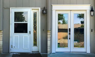 A front door upgrade with modern double doors, full glass panels, and a smart lock.