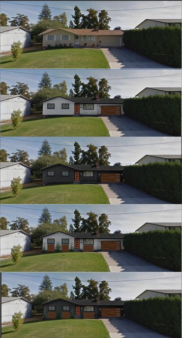 Before-and-after series of a residential exterior transformation showing updated siding, trim, paint